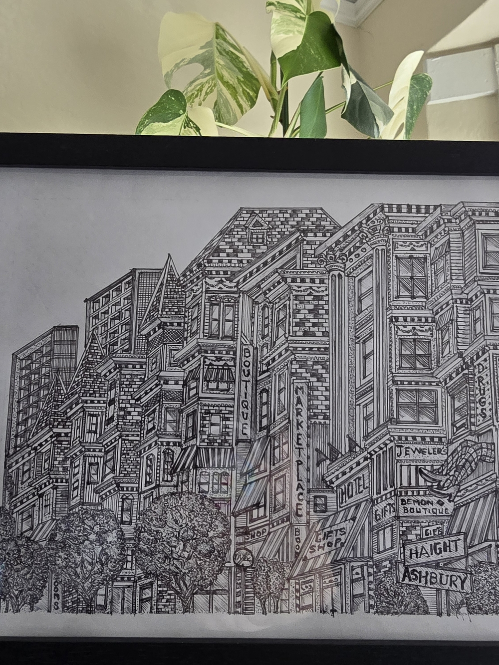 San Francisco art framed original Hand drawing. 01 Haight Ashbury